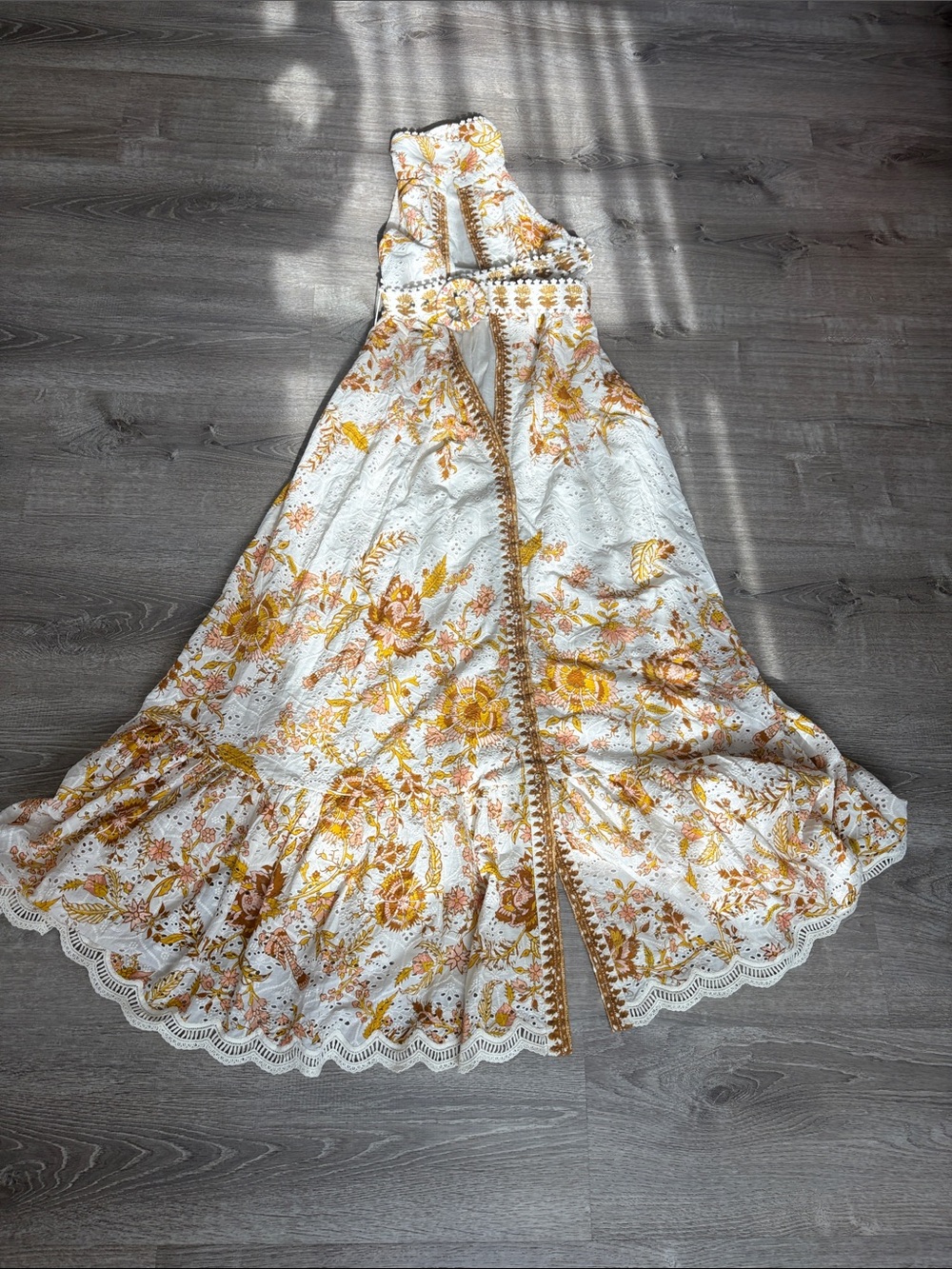 Hemant and Nandita White Maxi Dress with Yellow Floral Embroidery